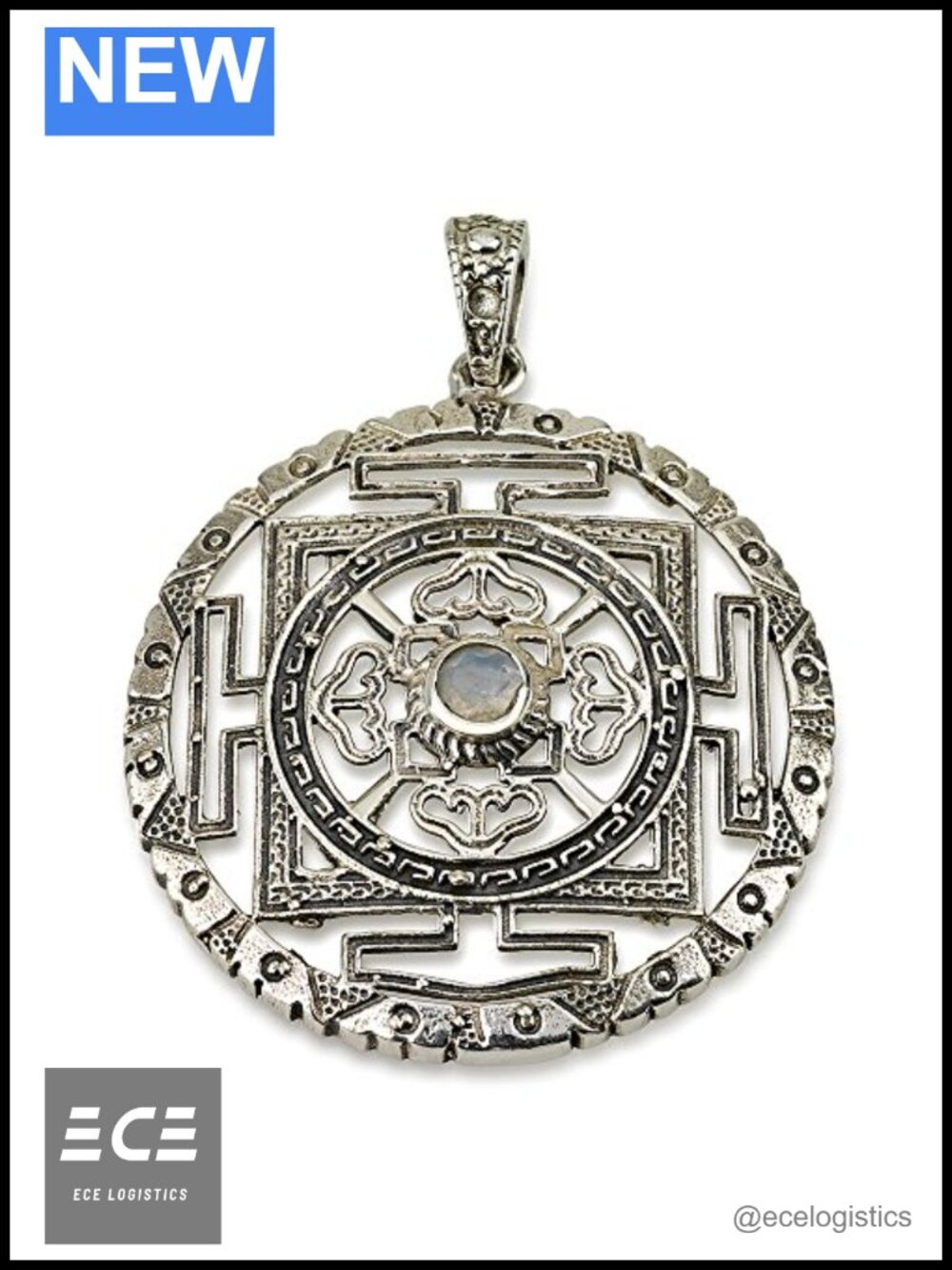 Sterling Silver Tibetan Mandala Circle Pendant Necklace 1.3"